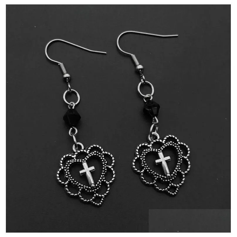 Charm Gothic Punk Style Hollow Heart Cross Charms Pendant Earrings Relin Dark Art Goth Jewellery For Women Rock Jewelry Earrings Dhuxd