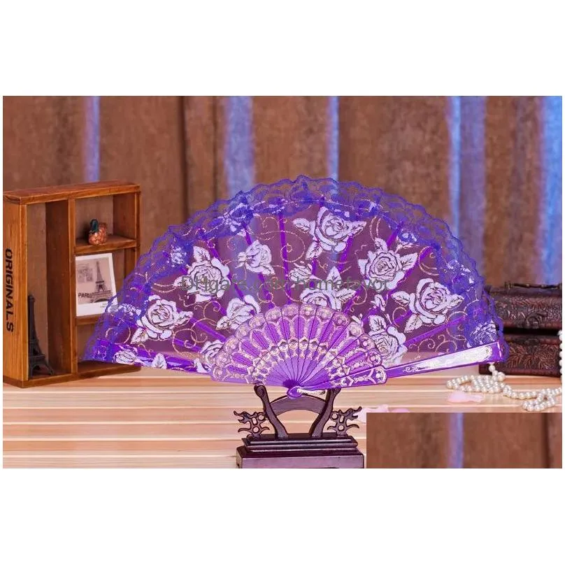 wholesale ten colors lace flower bridal hand fans vintage hollow bamboo handle wedding accessories brithday gift party favors royal blue white