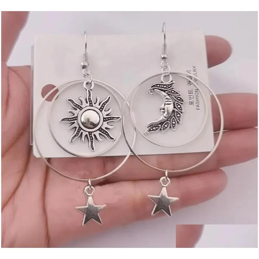 Charm 20Pairs The Sun Moon Star Earrings Tibetan Sier Drop Hoop Earringsboho Pagan Gift Celestial Jewelry Earrings Dhil1