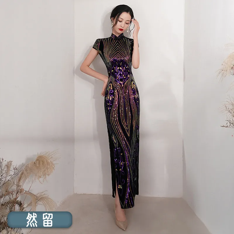 Oversize 5XL Sexy Velour Sequin Flower Cheongsam Women Slim Velvet Qipao Elegant Evening Party Dress Short Sleeve Vestidos