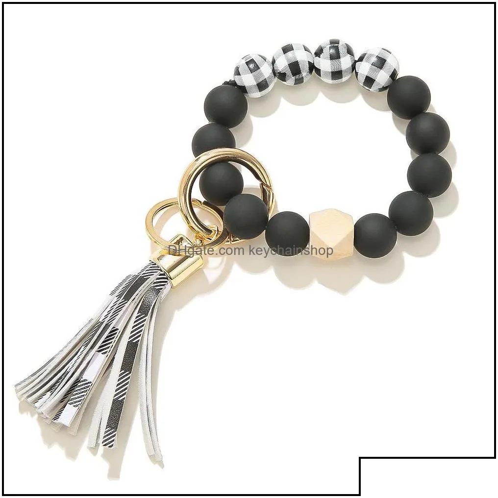 keychains fashion accessories black frosted wooden bead bracelet keychain pattern tassel pendant bracelets women girl key ring wrist strap