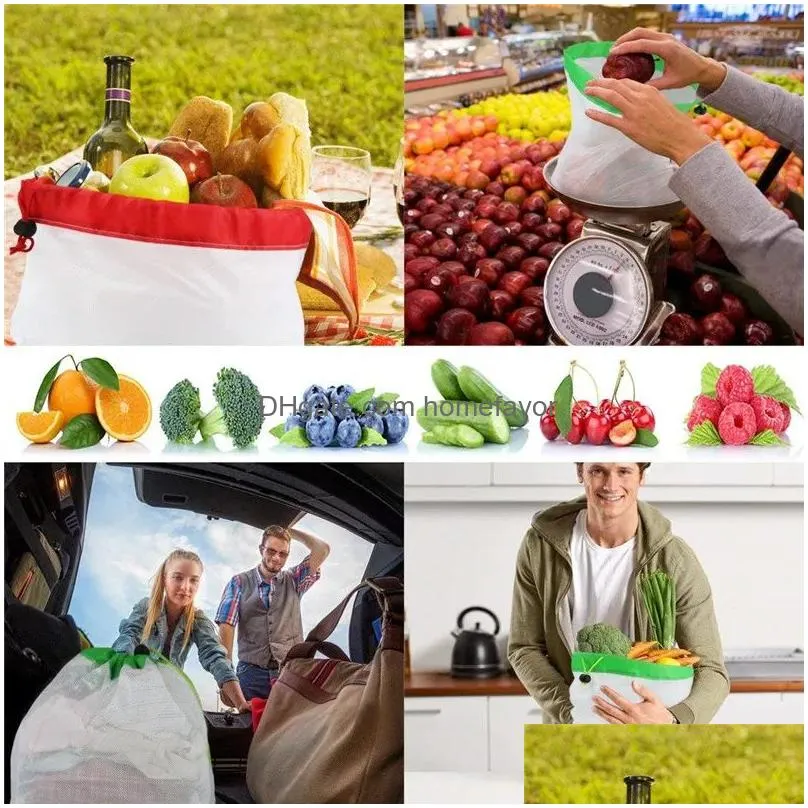 quality 12pcs reusable mesh produce bags double stitched drawstring mesh bag for grocery shopping storage fruit vegetable