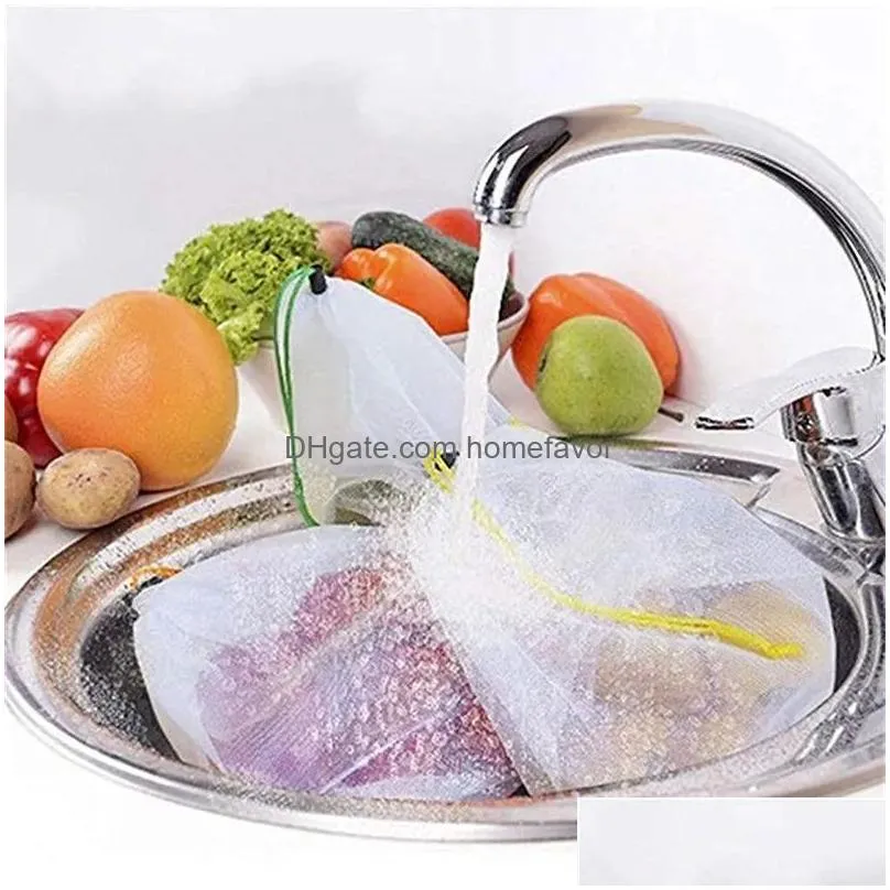 quality 12pcs reusable mesh produce bags double stitched drawstring mesh bag for grocery shopping storage fruit vegetable