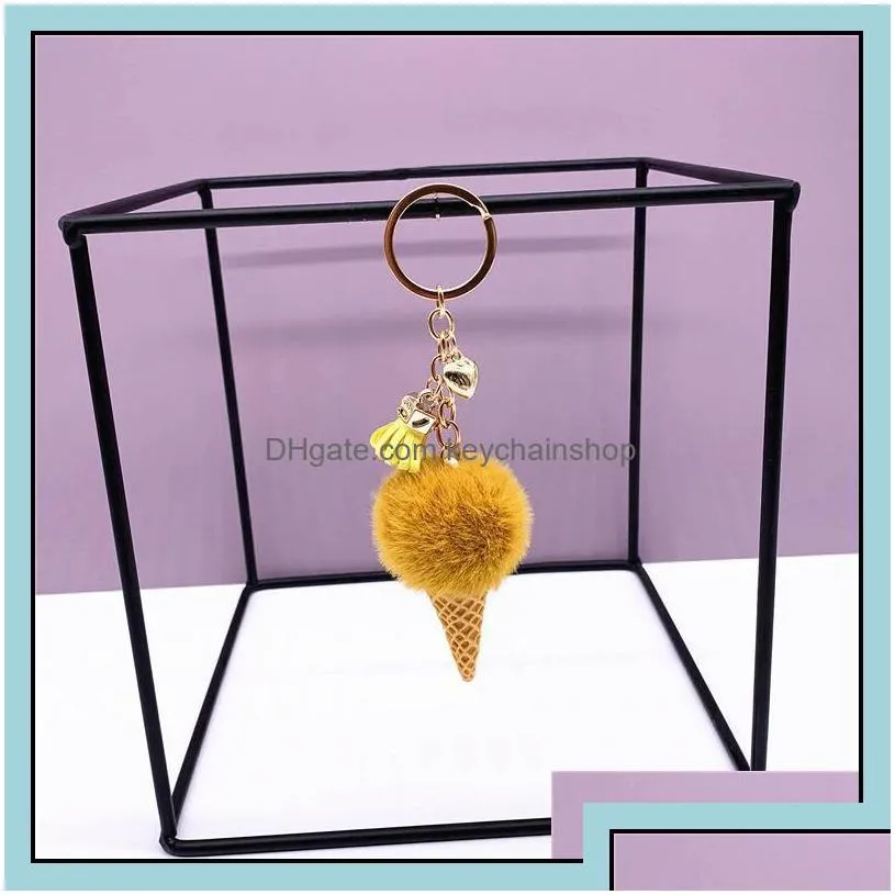 keychains fashion accessories ice cream pompom keychain cute bag cartoon plush pendant cone car key chains keyring hairball creative gift