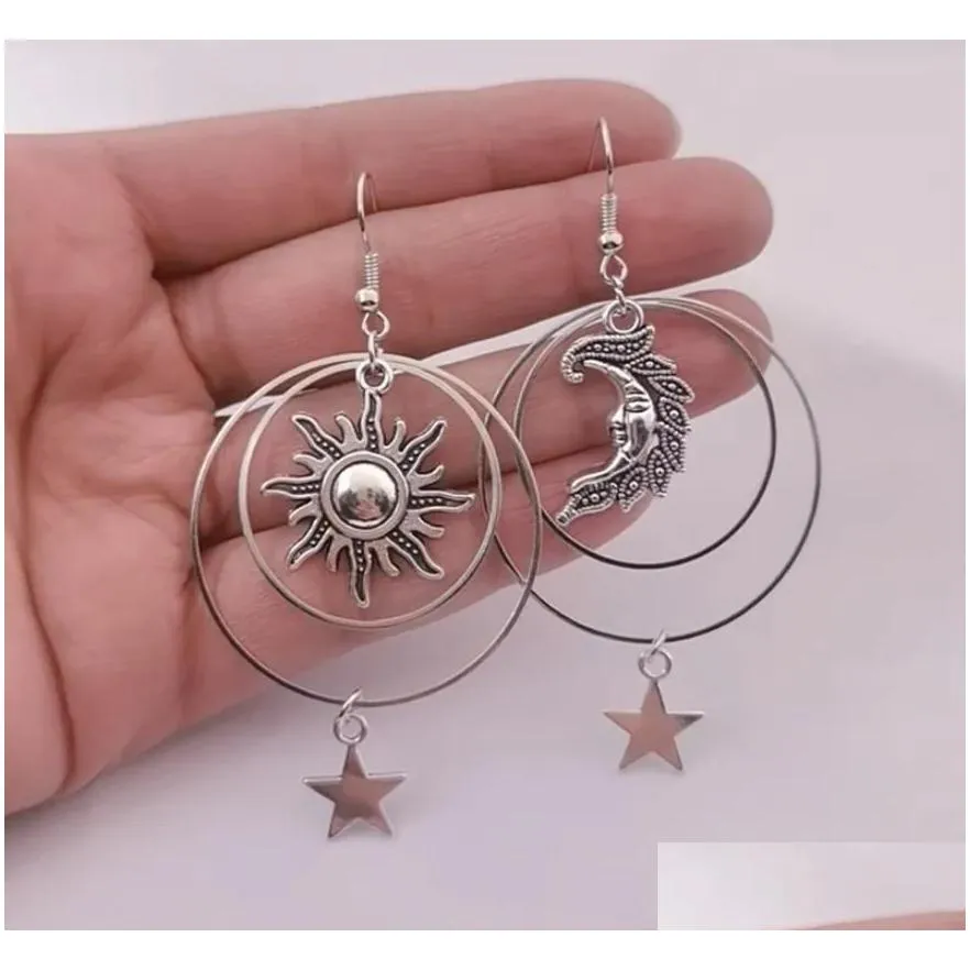 Charm 20Pairs The Sun Moon Star Earrings Tibetan Sier Drop Hoop Earringsboho Pagan Gift Celestial Jewelry Earrings Dhil1