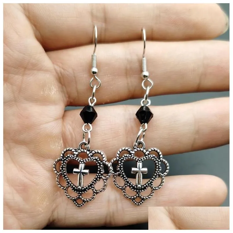 Charm Gothic Punk Style Hollow Heart Cross Charms Pendant Earrings Relin Dark Art Goth Jewellery For Women Rock Jewelry Earrings Dhuxd