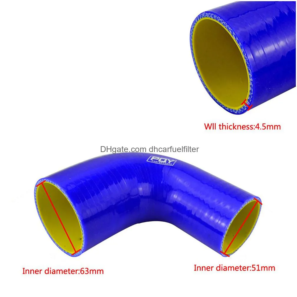 2-2.5 51mm-63mm 90 degree elbow reducer silicone hose pipe turbo intake blue or black with inner yellow pqy-sh902025-qy