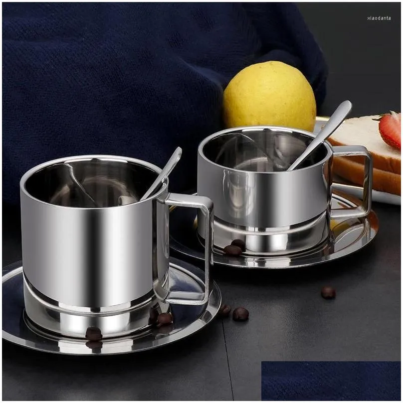 Mugs Mugs Milan/European Style Stainless Steel Cups For Coffee Polishing Process Craft Espresso Tea Service And Saucer Sets Home Garde Dhecg