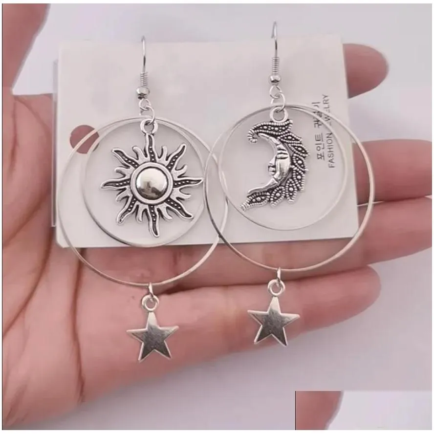 Charm 20Pairs The Sun Moon Star Earrings Tibetan Sier Drop Hoop Earringsboho Pagan Gift Celestial Jewelry Earrings Dhil1