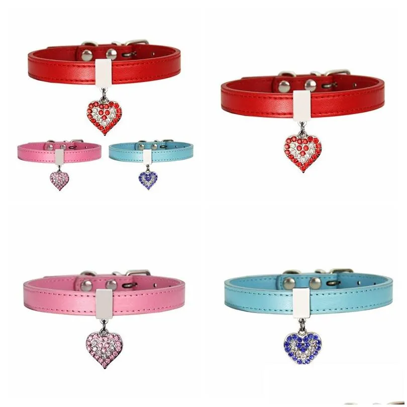 Dog Collars & Leashes Pet Dog Collar With Diamond Heart Bell Fashion Pu Leather Cat Collars Small Neck Adjustable Strap Rra2711 Home G Dhkin