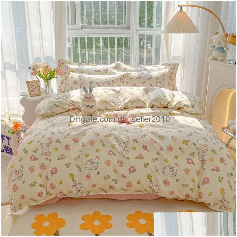 bedding sets cartoon foral print polyester set full size soft thicken duvet cover with flat sheet quilt and pillowcase 230828