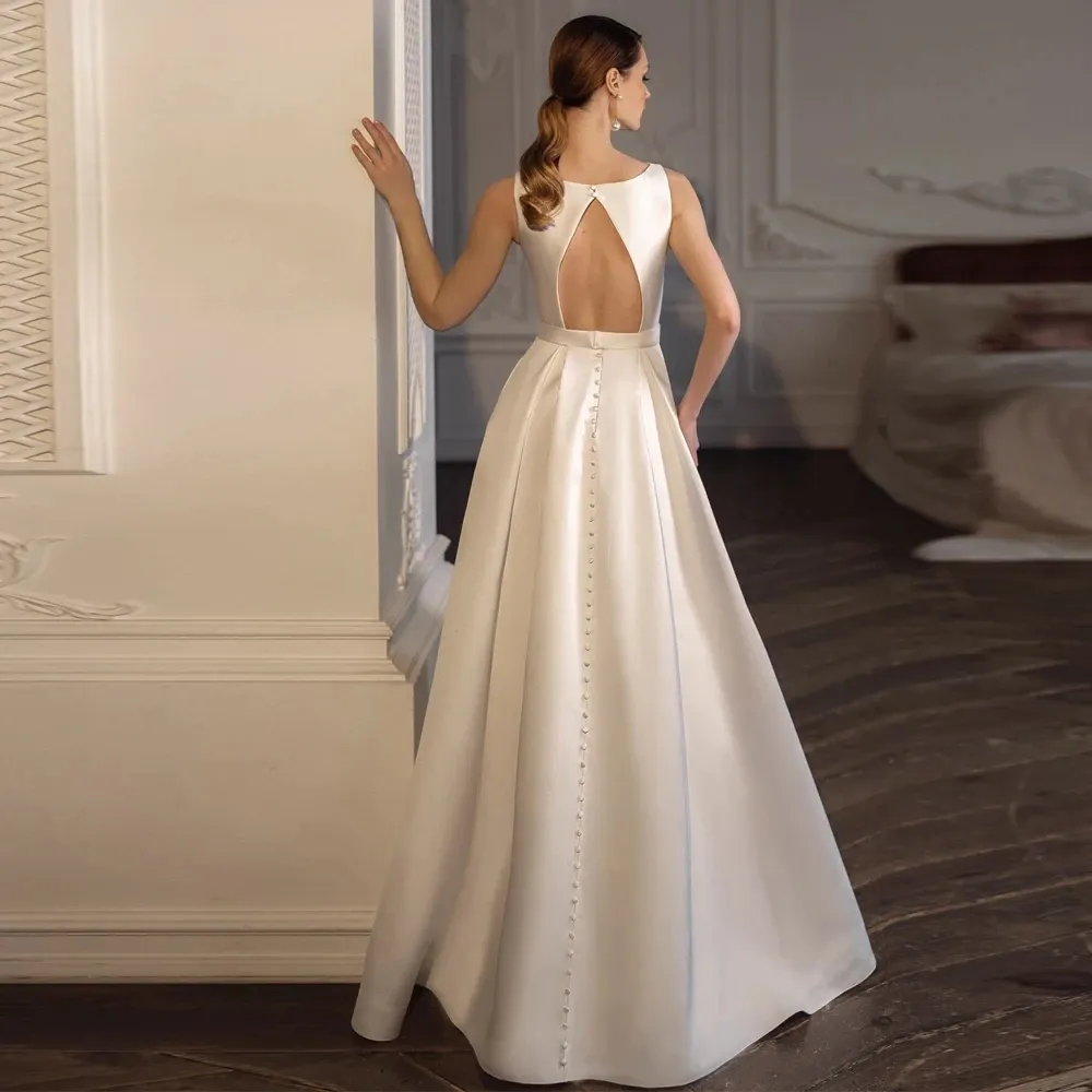Classic Square Neck Sleeveless High Low Satin Wedding Dress For Bride Elegant Backless Sweep Train Vestido De Novia