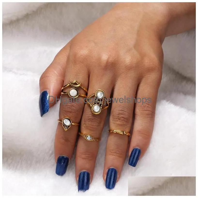 Cluster Rings Cluster Rings Fashion Luxury Women Engagement Jewelry Blue Stone For Bohemian Knuckle Ring Set Anillos Female Jewelry Ri Dhugk