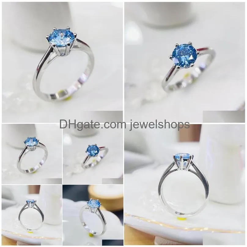Cluster Rings Cluster Rings S925 Sier For Women Summer Ocean 6 Blue Cubic Zirconia Ring Bridal Wedding Fine Jewelry Simple Bijoux Jewe Dhofn