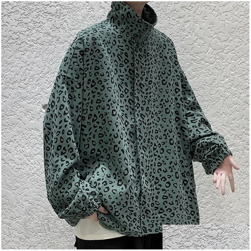 Men`S Jackets Mens Jackets Leopard Print High Street Stand Collor Zipper Oversized Coat Korean Casual Loose Autumn Hip Hop Jacket Men Otdsm