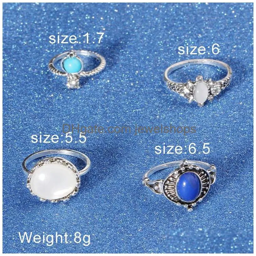 Cluster Rings Cluster Rings Fashion Luxury Women Engagement Jewelry Blue Stone For Bohemian Knuckle Ring Set Anillos Female Jewelry Ri Dhugk