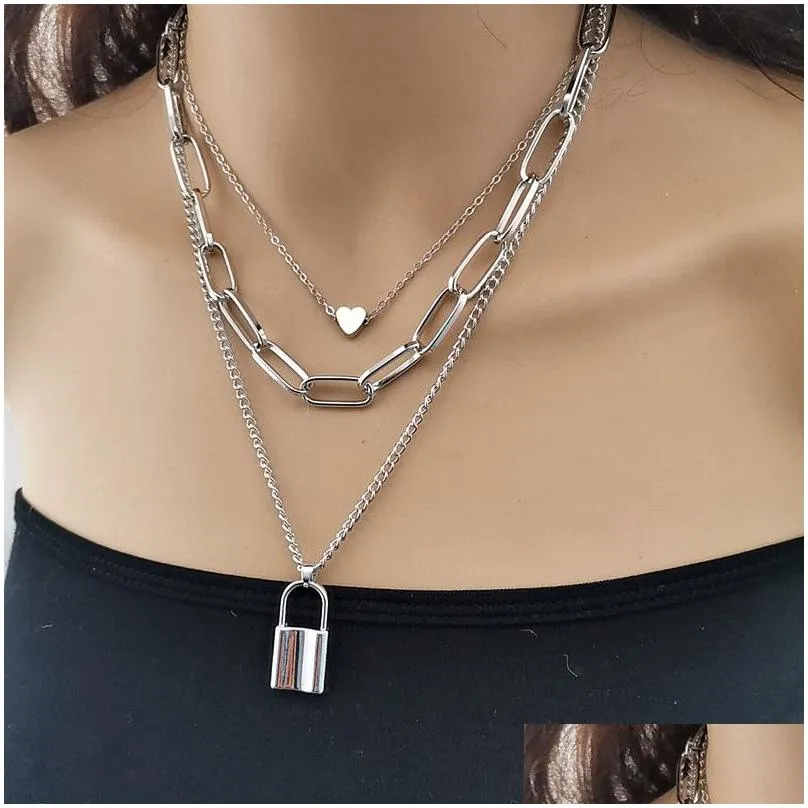 Pendant Necklaces Punk Style Lock Necklace Heart Pendant Mtilayer Women Personality Fashion Statement Necklaces Gift Gold Sier Link Ch Dh1Kj