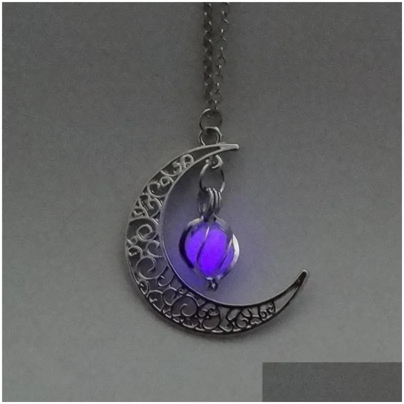Pendant Necklaces Moon Glowing Necklace Gem Charm Jewelry Sier Plated Women 4 Colors Stone Beads Pendant Hollow Luminous Jewelry Neckl Dh7Ia