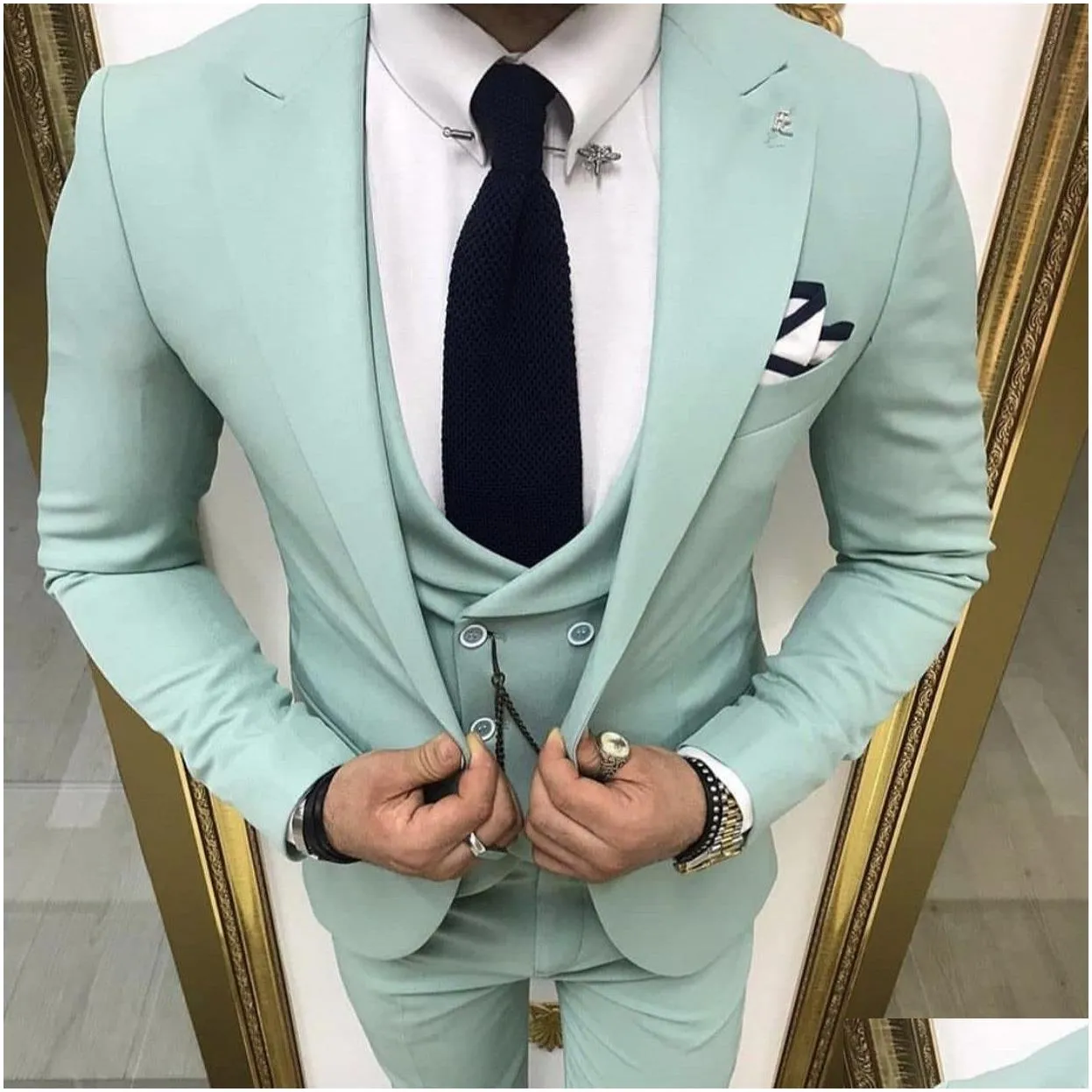 Wedding Tuxedos Green Groom Wear Wedding Tuxedos Slim Fit Groomsmen Peak Lapel Business Suits Prom Party 3 Pieces Set Jacket Pants Tie Ot4It