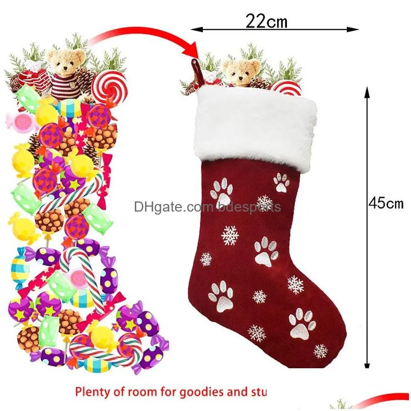 18 inch large christmas stocking dog cat paw print snowflake pattern hanging stockings red green christmas decorations gift bag xmas tree ornament for party