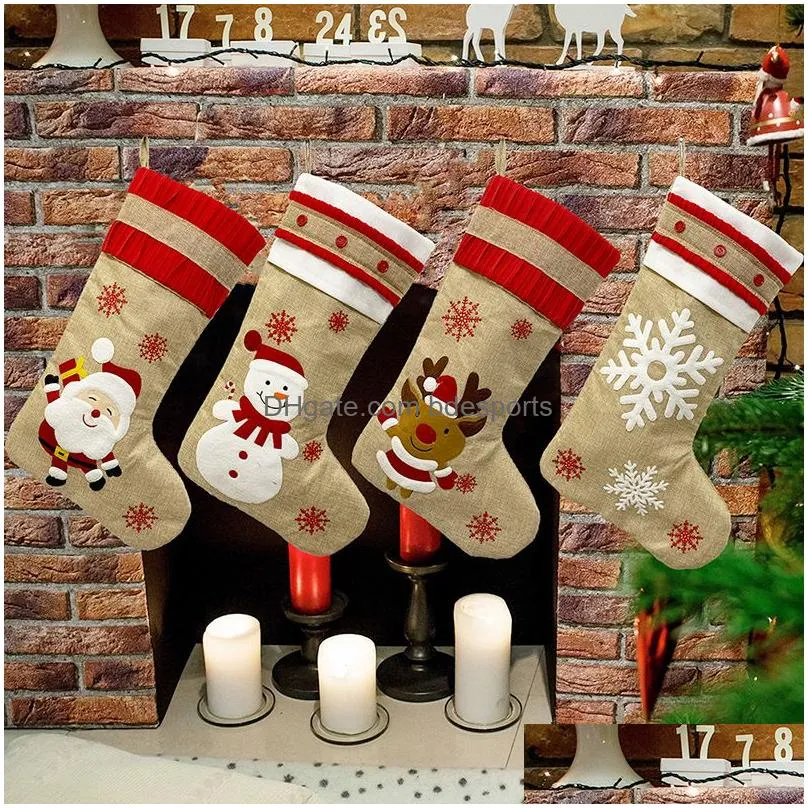 18.8inch big christmas stockings burlap canvas santa snowman reindeer cuff family pack stockings gift bags for xmas holiday party