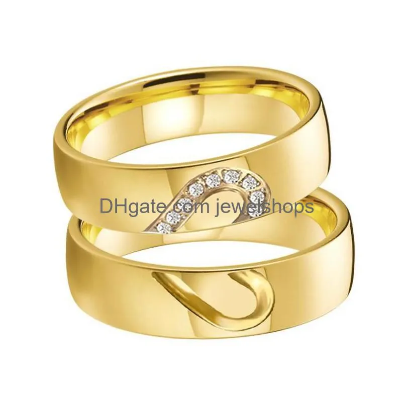 Wedding Rings Wedding Rings Love Heart For Men And Women Cubic Zirconia Jewelry Anniversary Golden Couples Ring Venlantines Day Jewelr Dh7Db