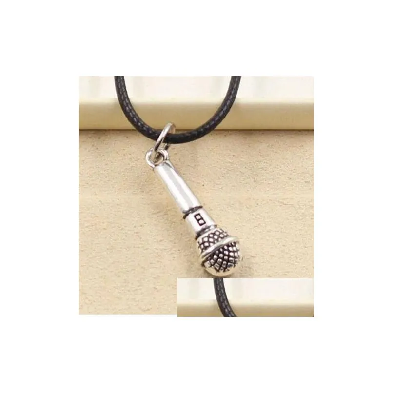 Pendant Necklaces Sell 20Pcs/Lot Tibetan Sier Microphone Necklace Choker Charms Pendant Black Leather Jewelry Necklaces Pendants Dhgbx