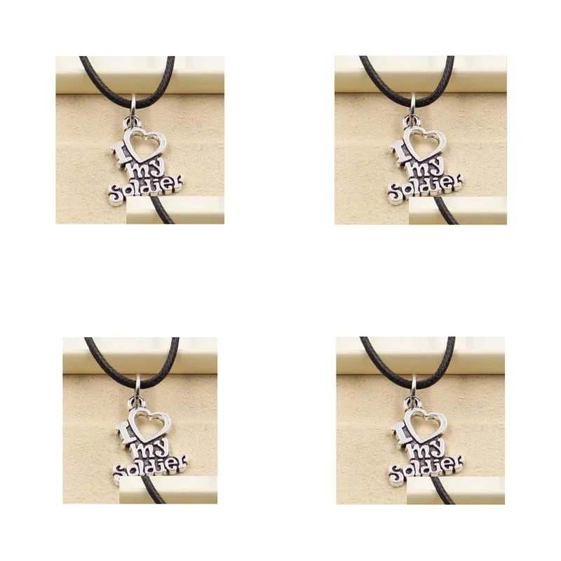 Pendant Necklaces Sell 20Pcs/Lot Tibetan Sier Letter I Love My Soldier Necklace Choker Charms Pendant Black Leather Jewelry Necklaces Dhegi