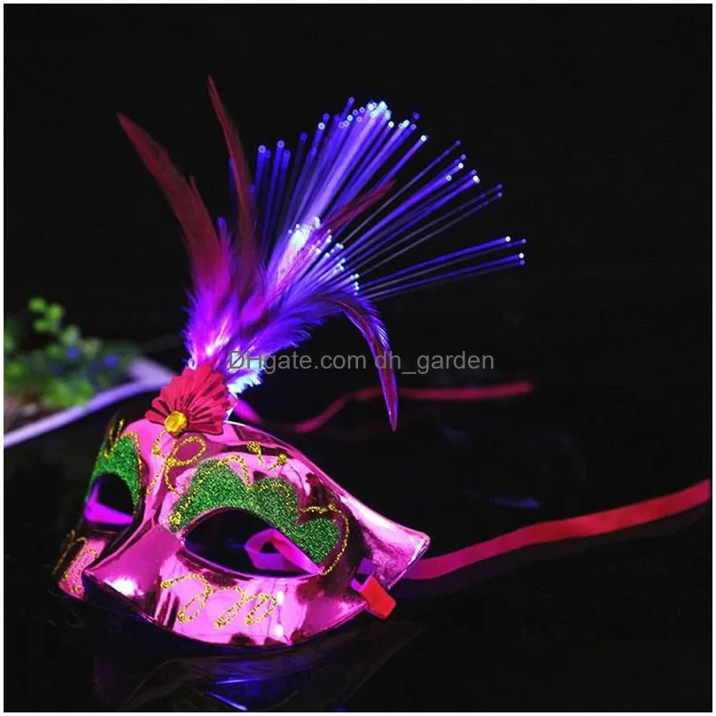 Party Masks Party Masks 10Pcs Led Glow Flash Light Up Feather Masquerades Venetian Costumes Birthday Wedding Costume Carniva Dhgarden Dhsli