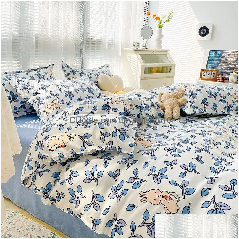 bedding sets cartoon foral print polyester set full size soft thicken duvet cover with flat sheet quilt and pillowcase 230828