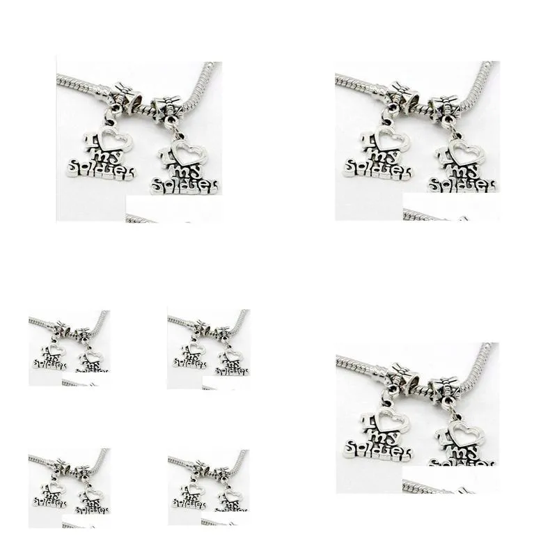 Charms 100Pcs/Lot Sier Plated Letter I Love My Soldier Big Hole Charms Pendant Dangle Beads For Bracelet Diy Jewelry Making Findings J Dh7Az