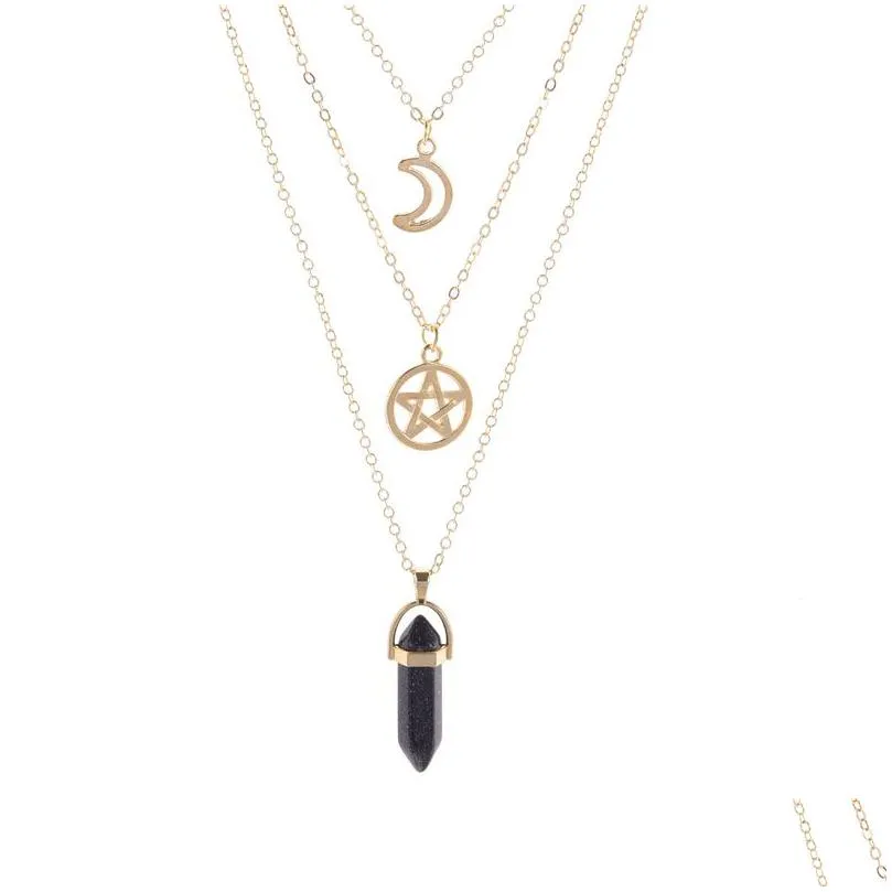 Pendant Necklaces Natural Amethyst Stone Necklace Mtilayer Chain Crystal Quartz Hexagonal Prism Moon Star Women Pendant Necklaces Jewe Dha58