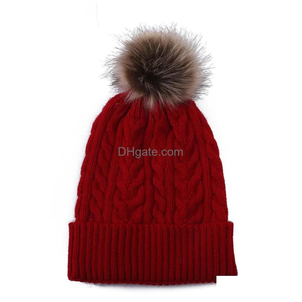 wholesale custom logo knit bobble for women cable rib faux fur pom pom beanie hat with pompom df299