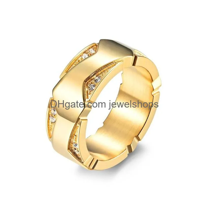 Wedding Rings Wedding Rings Classic Stainless Steel Golden Zircon Ring Men And Women Couples Engagement Pair Jewelry Gift Jewelry Ring Dhqgy