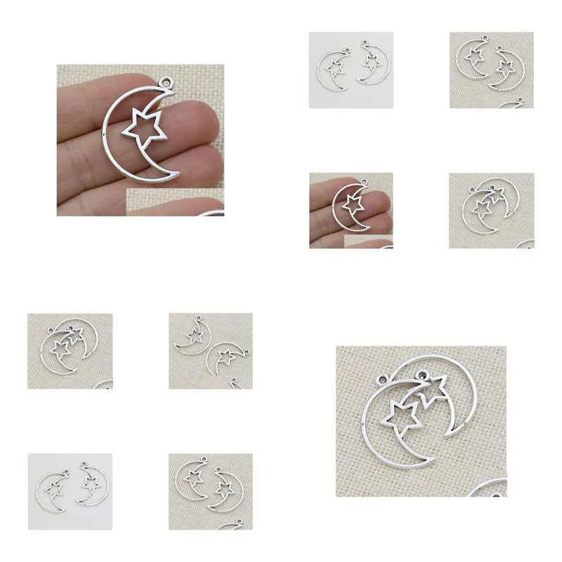 Charms 100Pcs/Lot Ancient Sier Alloy Moon Star Charms Pendants For Diy Jewelry Making Findings 37X25Mm Jewelry Jewelry Findings Compon Dhzce