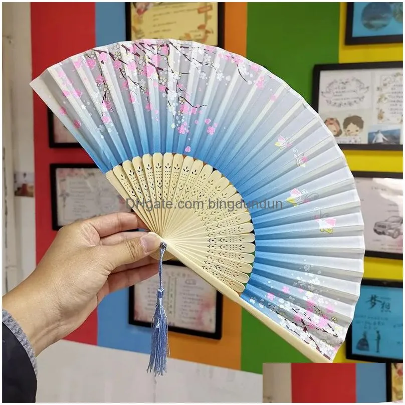 bamboo flower fold hand fans wedding chinese style silk fan children antique folding fan gift vintage party supplies