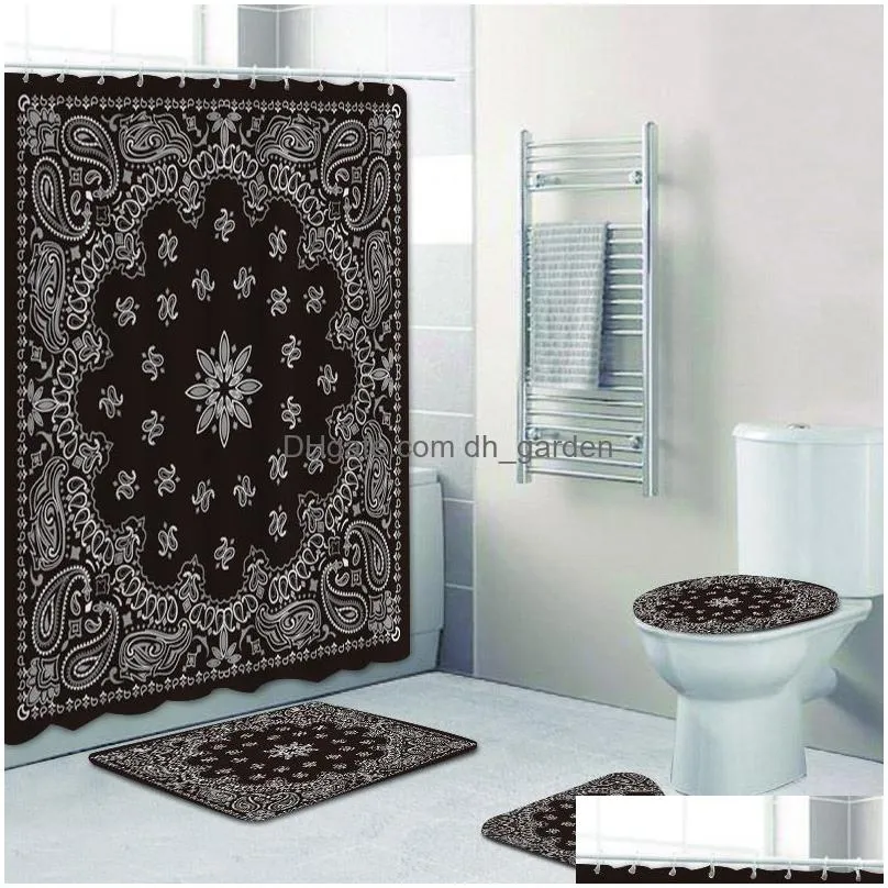 Shower Curtains Black White Paisley Bandana Pattern Bathroom Curtain Shower Set For Floral Border Ornament Bath Mats Rug Dec Dhgarden Dhumt