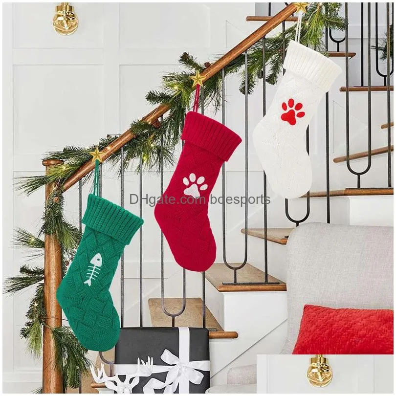 17 inch pet dog cat paw knitted christmas stocking fireplace hanging xmas stockings farmhouse decor for christmas tree ornament party holiday