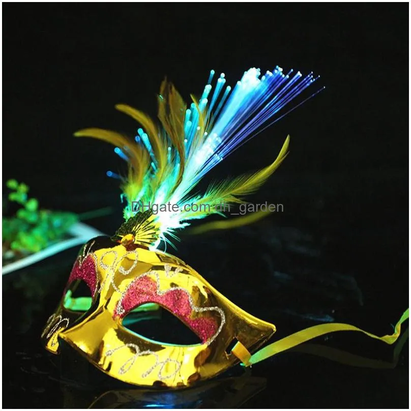 Party Masks Party Masks 10Pcs Led Glow Flash Light Up Feather Masquerades Venetian Costumes Birthday Wedding Costume Carniva Dhgarden Dhsli