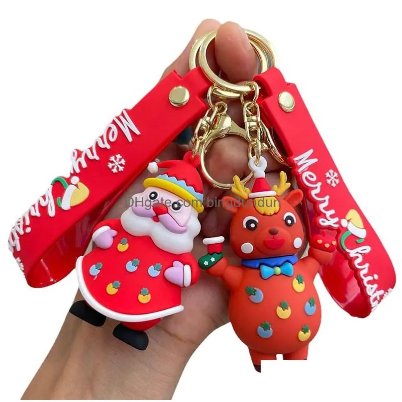 2024 cute santa claus snowman design 3d cartoon rubber keychain christmas tree decorative bottle christmas gift bag pendant