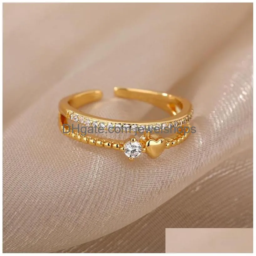 Wedding Rings Wedding Rings Zircon Heart Open For Women Gold Sier Color Stainless Steel Adjustable Female Engagement Ring Jewelry Jewe Dhxuc