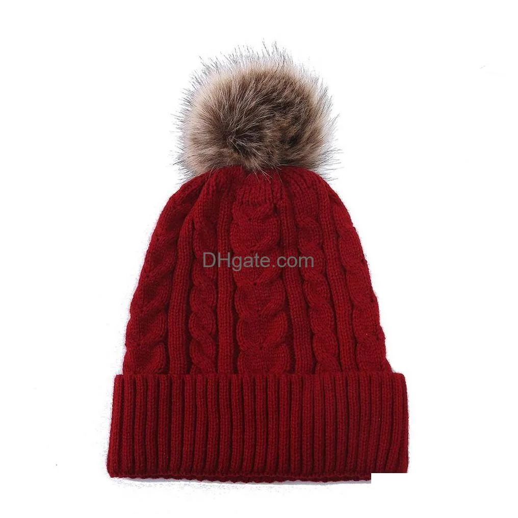 wholesale custom logo knit bobble for women cable rib faux fur pom pom beanie hat with pompom df299