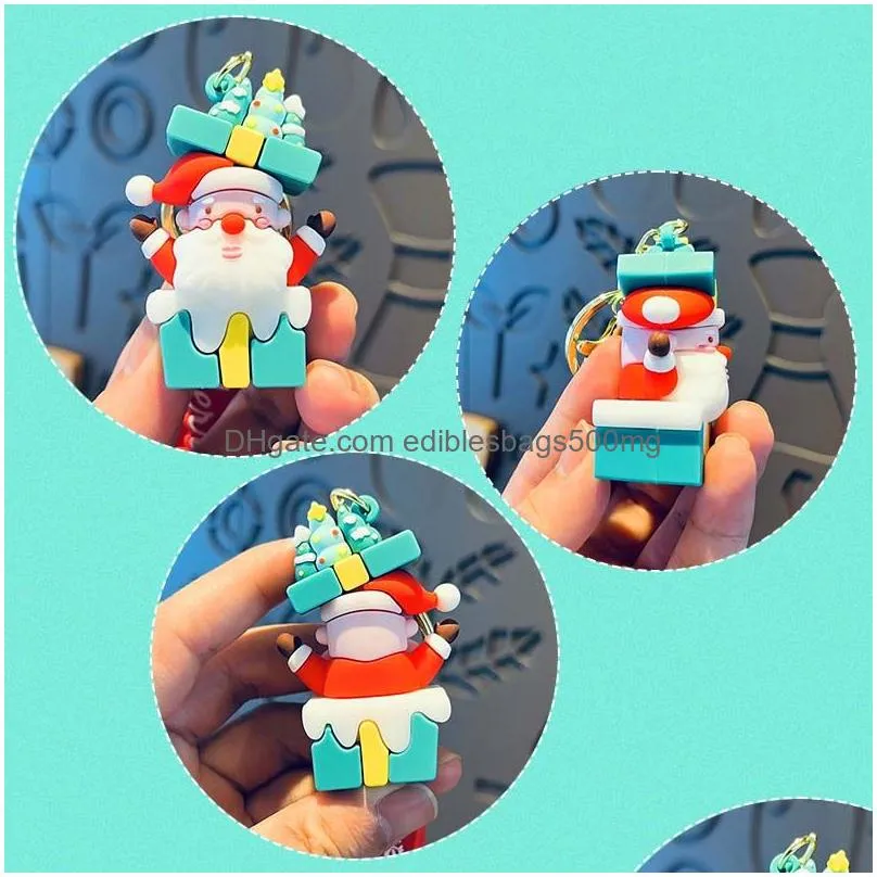 2024 cute santa claus snowman design 3d cartoon rubber keychain christmas tree decorative bottle christmas gift bag pendant