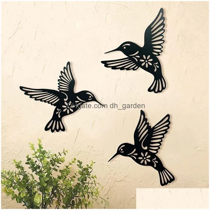 Wall Stickers Wall Stickers 3 Pieces Metal Hummingbird Art Decoration Hollow Out Iron Black Bird Scpture Hanging Pendant Orn Dhgarden Dhtbl