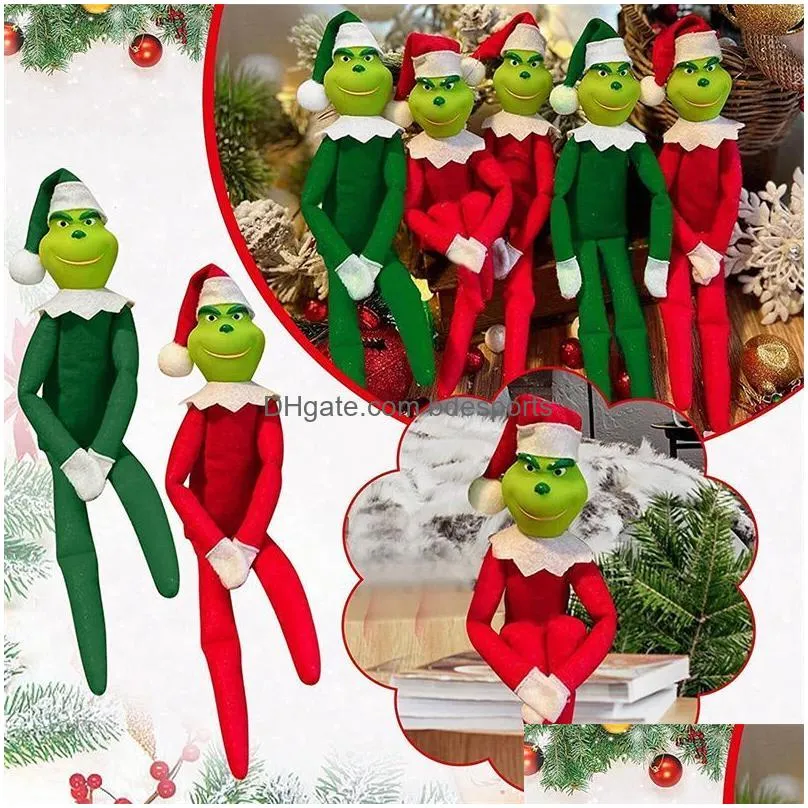 30cm red green christmas grinchs doll plush toys monster elf soft stuffed dolls christmas xmas tree decoration with hat for children