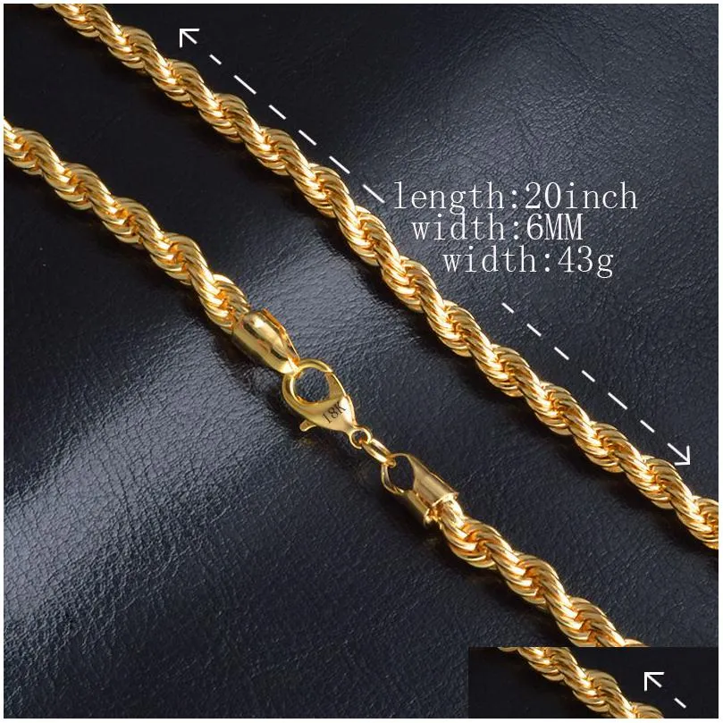 Chains 18K Gold Plated Rope Chains 6Mm Stamped Twist Hip Hop Necklaces For Men Women Fashion Jewelry With Lobster Clasps 20 Inches Jew Dhcpn