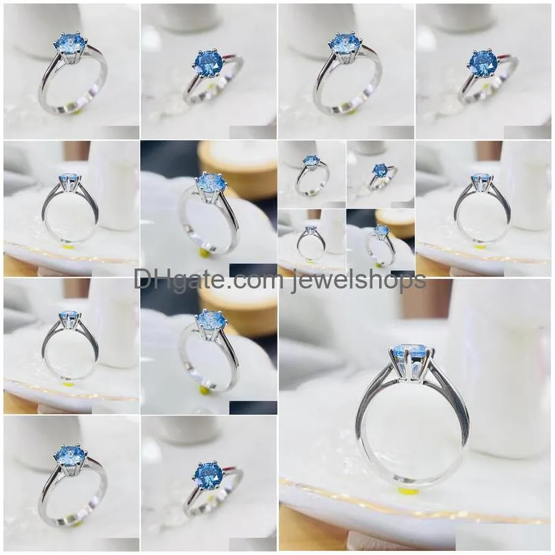 Cluster Rings Cluster Rings S925 Sier For Women Summer Ocean 6 Blue Cubic Zirconia Ring Bridal Wedding Fine Jewelry Simple Bijoux Jewe Dhofn