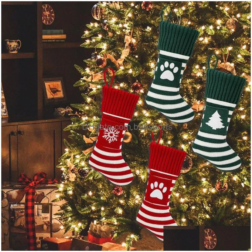 19inch dog paw snowflake knitted christmas stockings fireplace hanging xmas stockings farmhouse decor for christmas tree ornament party holiday