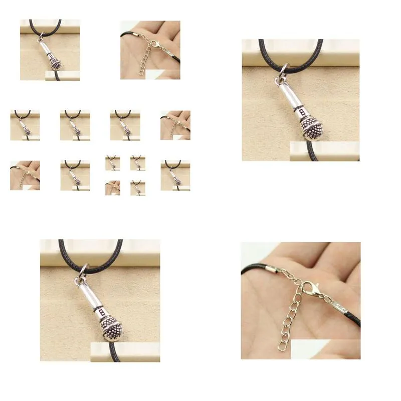Pendant Necklaces Sell 20Pcs/Lot Tibetan Sier Microphone Necklace Choker Charms Pendant Black Leather Jewelry Necklaces Pendants Dhgbx