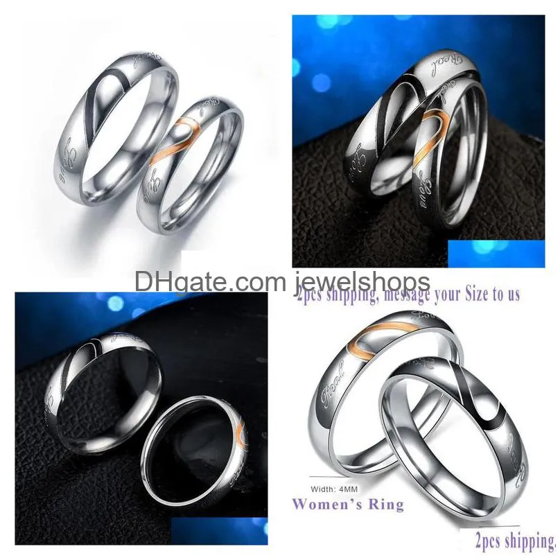 Wedding Rings Wedding Rings 2Pcs/Set Simple 5Mm Heart Couple For Lovers Stainless Steel Women Men Bands Valentines Day Jewelry Ring Dhkv2